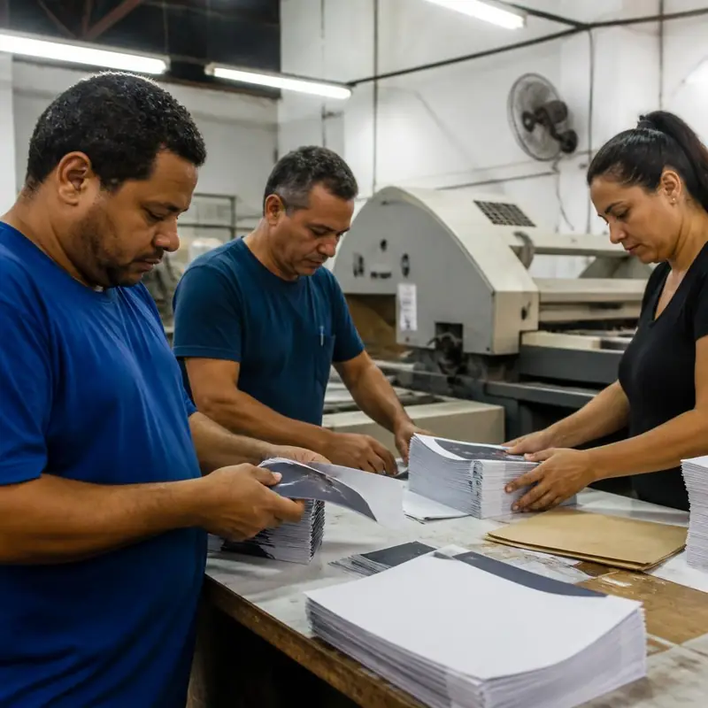 Equipe de uma gráfica pequena montando pedidos corporativos