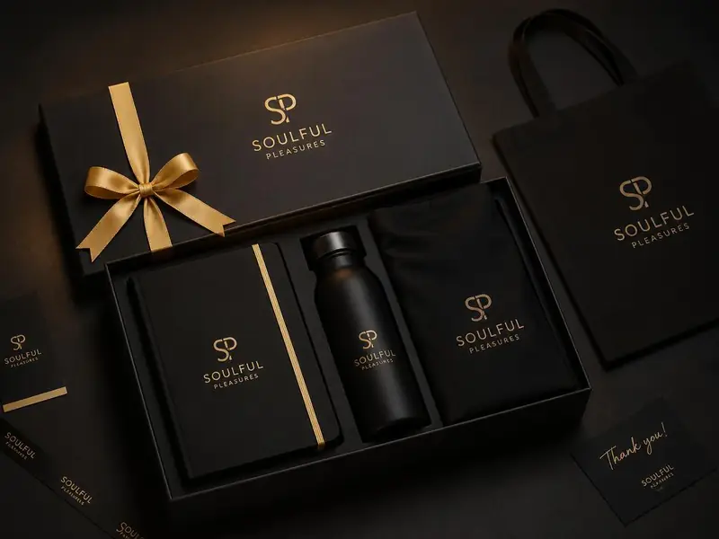 Kit de presente corporativo preto com fita dourada