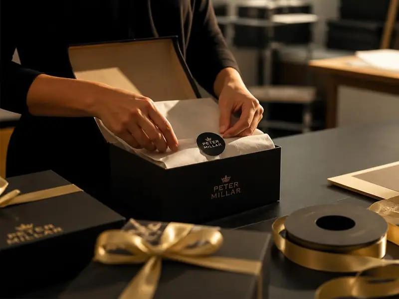 Mãos montando kits personalizados em caixas